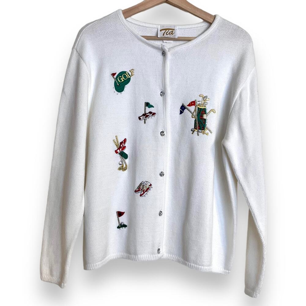 Vintage Tia Golf Embroidered White Cotton Round Neck Cardigan Women's Size L